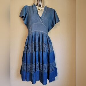 Chic Denim Blue Midi Dress with Lace Accents